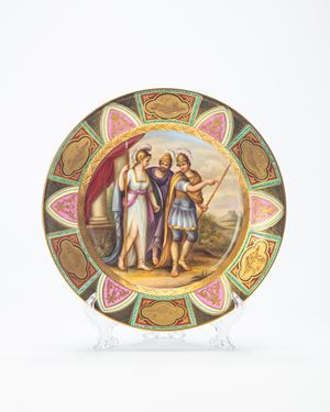 Polychrome porcelain cabinet dish decorated with mythological scene depicting Ariadne, Achilles and Odysseus. Imperial manufacture, Vienna, ca. 1860