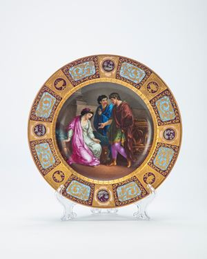 Polychrome porcelain cabinet dish decorated with classical scene by Angelica Kauffmann depicting Cleopatra before Caesar. Vienna manufacture, second half 19th century.
