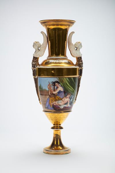 Grande Vaso Biansato in Porcellana a Fondo Dorato, Manifattura di Parigi, Inizio del XIX Secolo