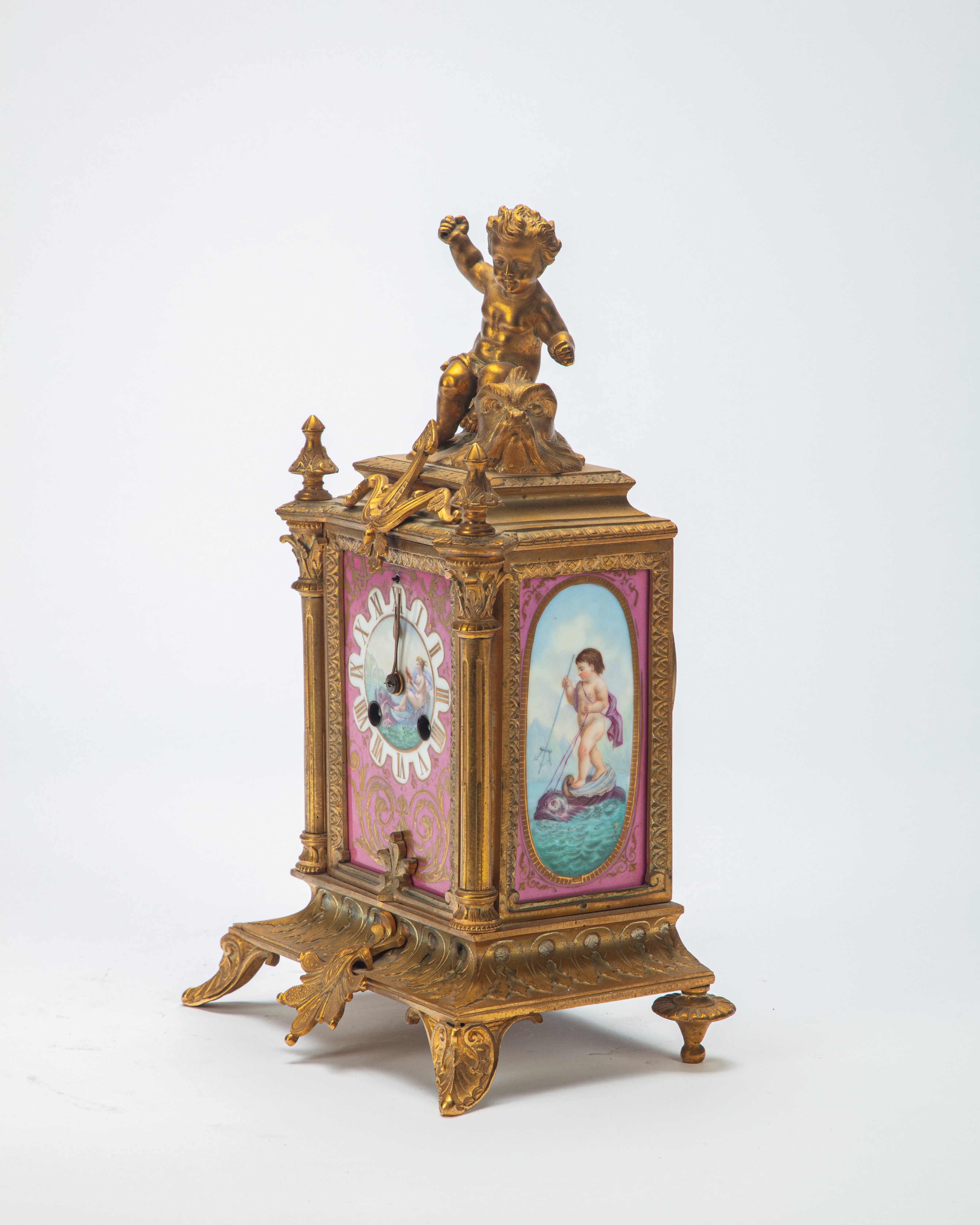 Pendola da Appoggio in Bronzo e Porcellana Policroma, Secolo XIX