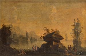 Paesaggio costiero con scogli in primo piano e astanti