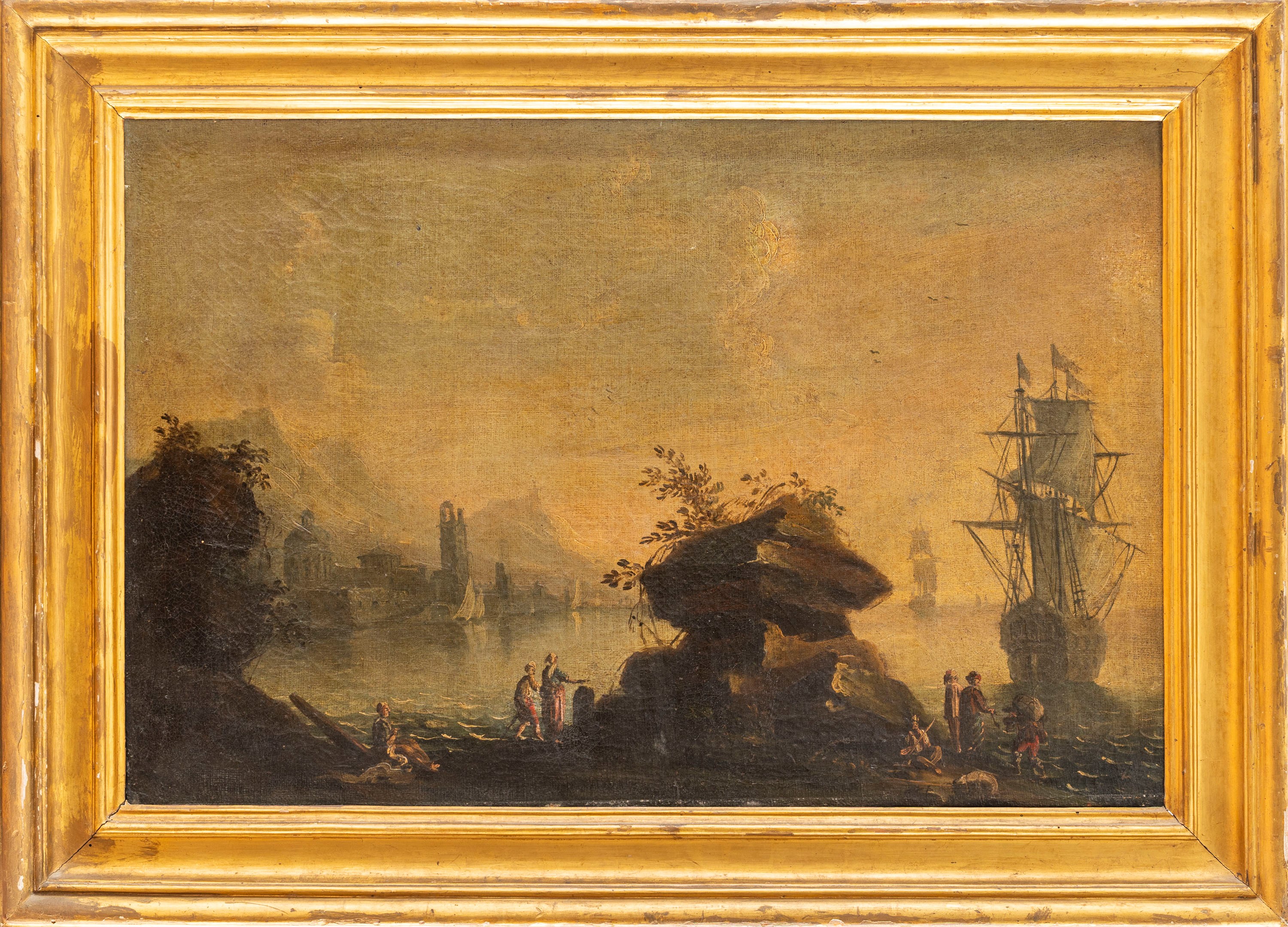Scuola Italiana, Secolo XVII - Anonimo, Paesaggio costiero con scogli in primo piano e astanti, o...