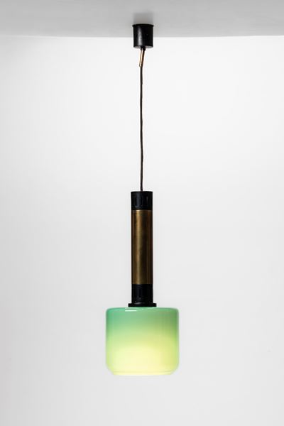 Lampada a sospensione, ottone e alluminio laccato, vetro