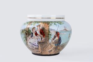 Cache-pot in ceramica policroma con figure in un paesaggio e Vesuvio sullo sfondo, fine secolo XIX - inizi secolo XX