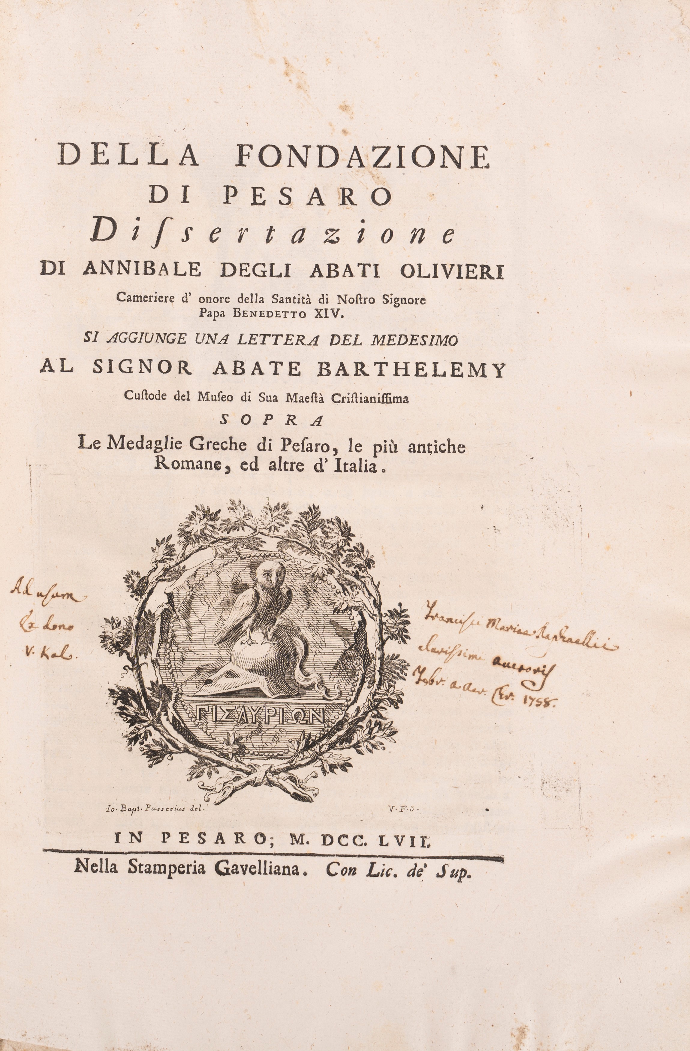 Annibale degli Abati Olivieri Giordani - Marmora Pisaurensia Notis Illustrata, 1737