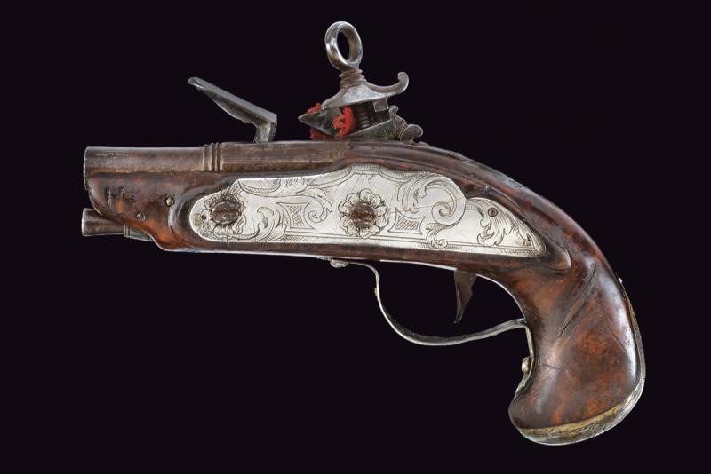 Rara Pistola a Pietra Focaia alla Romana con Fornimenti in Argento