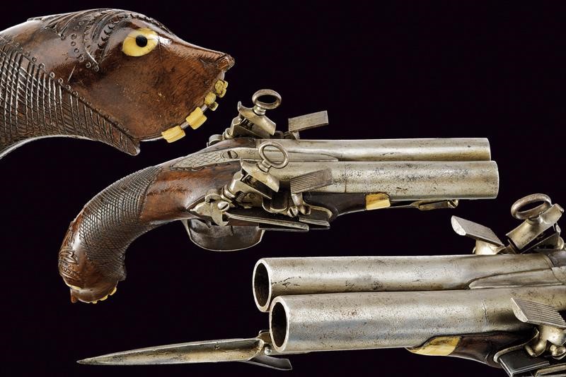 Interessante pistola alla micheletta a due canne con baionetta a scatto ...