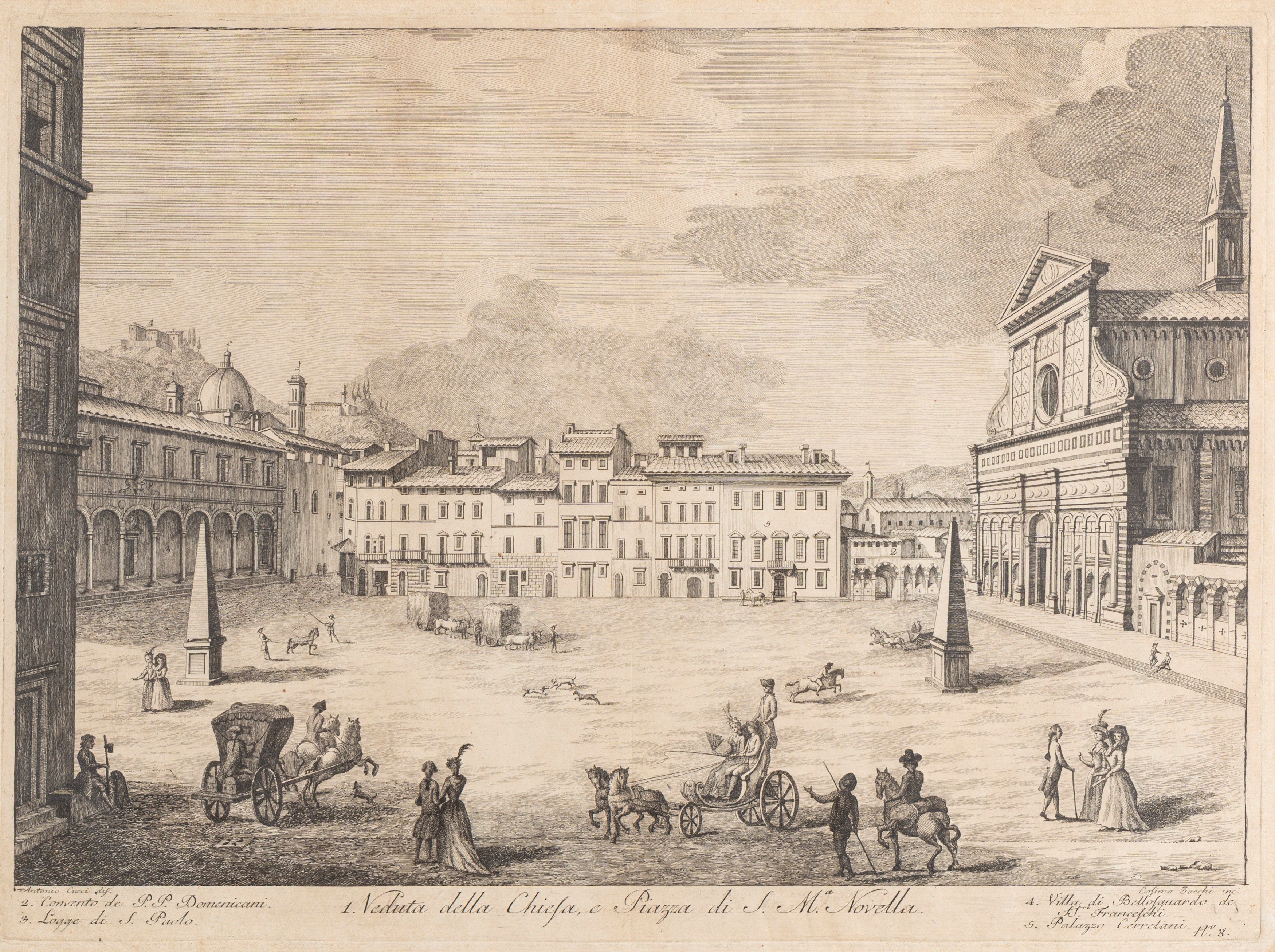 Cosimo Zocchi - Veduta della Chiesa e Piazza di Santa Maria Novella - Veduta di una Parte del Lun...