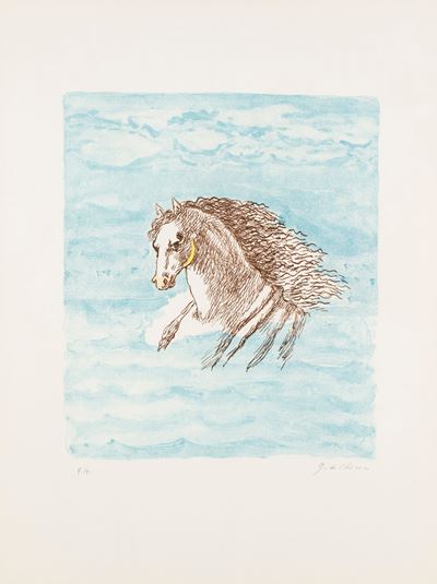 Testa di cavallo tra le nubi, litografia a colori