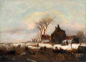 Paesaggio invernale con pattinatori