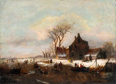 Paesaggio invernale con pattinatori, olio su tavola