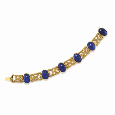 Bracciale, oro giallo 18K con lapislazzuli e maglie a corteccia