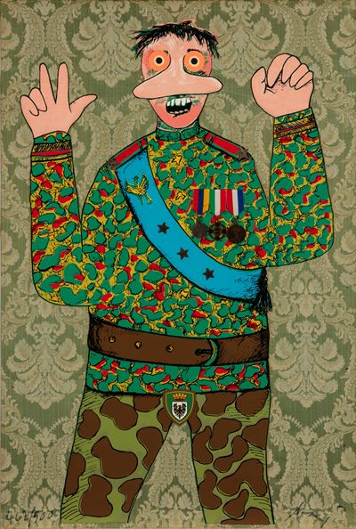 Stratega del doppio gioco - litografia a colori e collage su broccato, 1971
