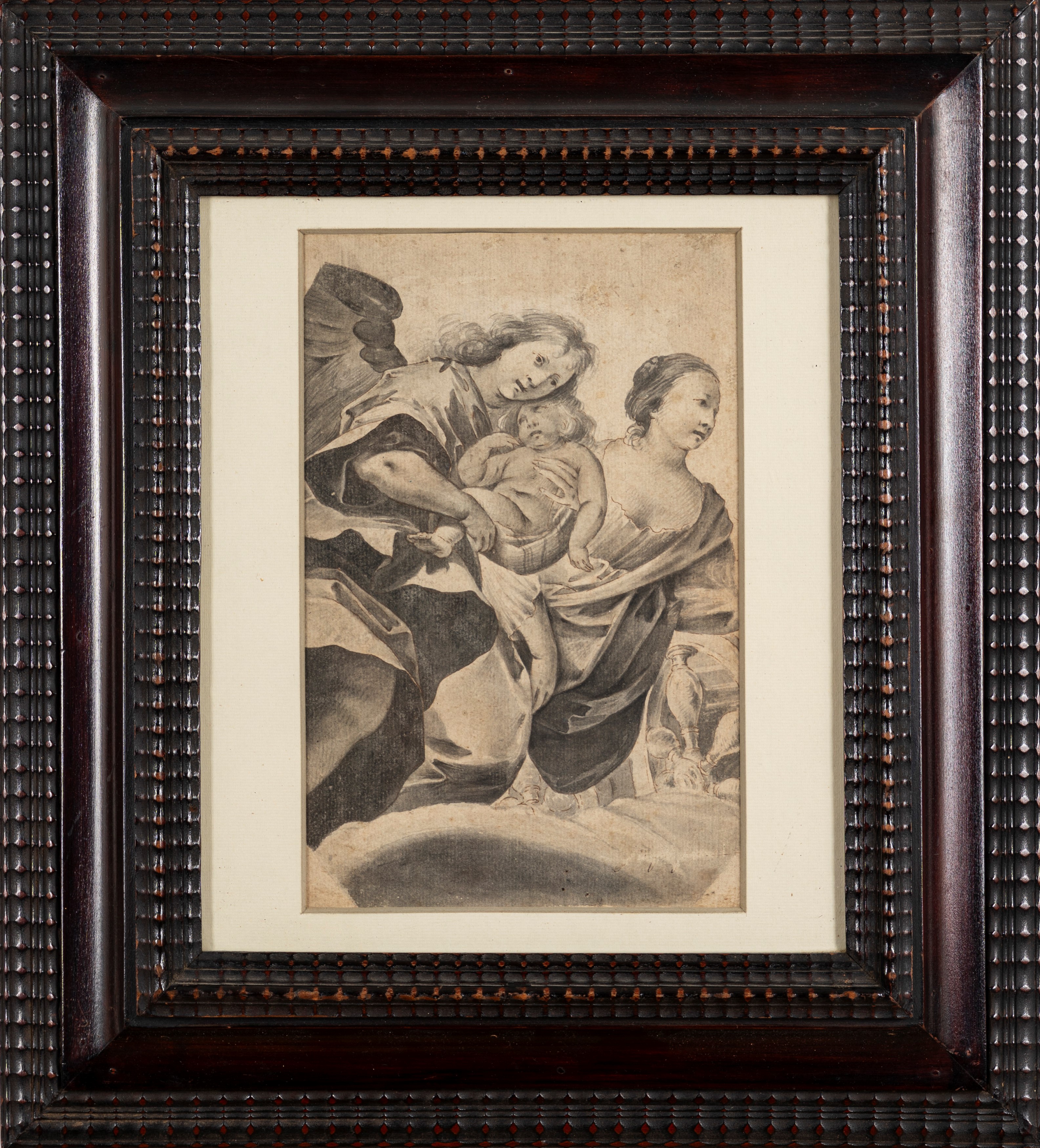 Studio per scena religiosa con angelo, bambino e santa