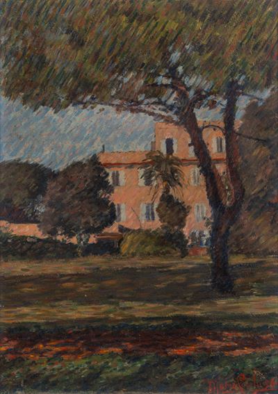 Villa romana, olio su cartone