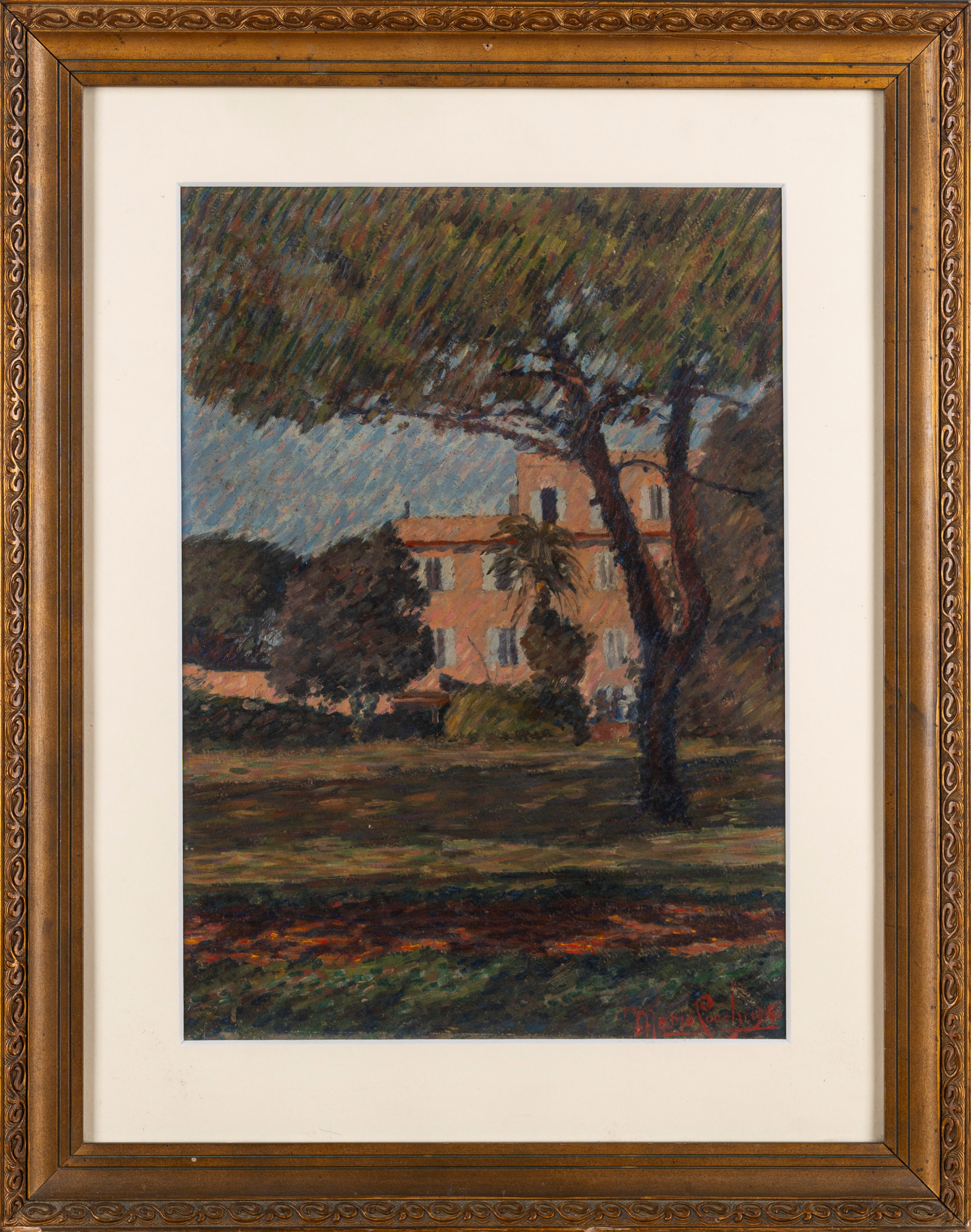 Mario Cocchi (livorno 1898 - 1957) - Villa romana, olio su cartone