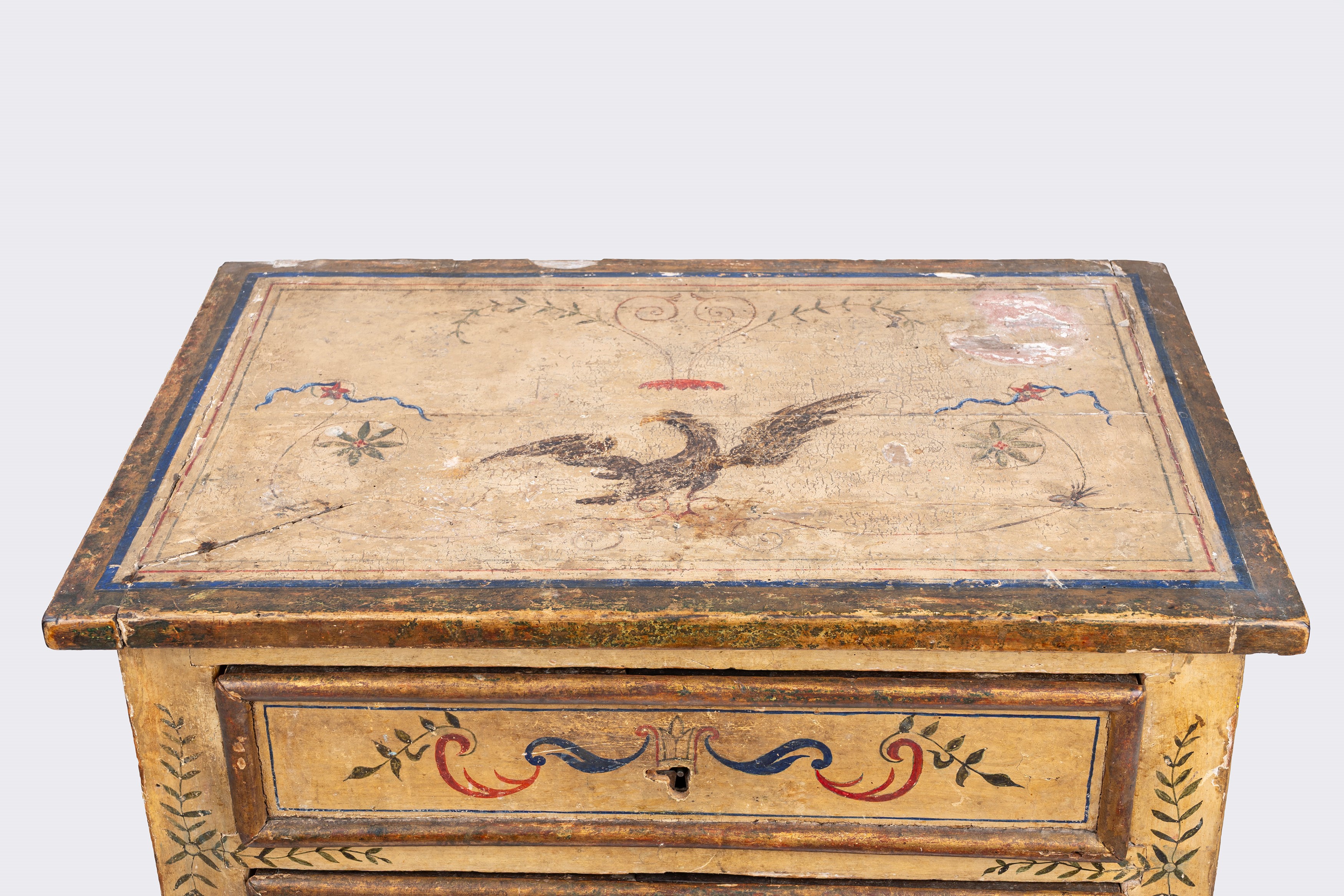 Piccolo Comò a Due Cassetti in Legno Laccato, Marche Secolo XVIII