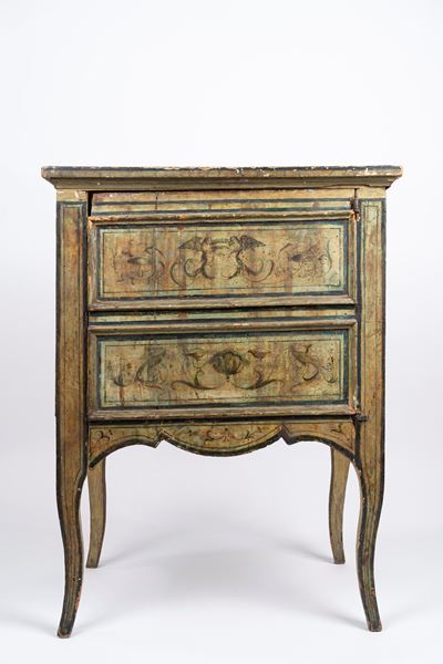 Piccolo Comò a Due Cassetti in Legno Laccato, Secolo XVIII