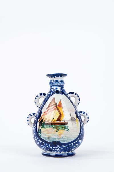 Piccola Fiasca in Ceramica Policroma con Vedute di Venezia, Manifattura di Murano, Prima Metà del...