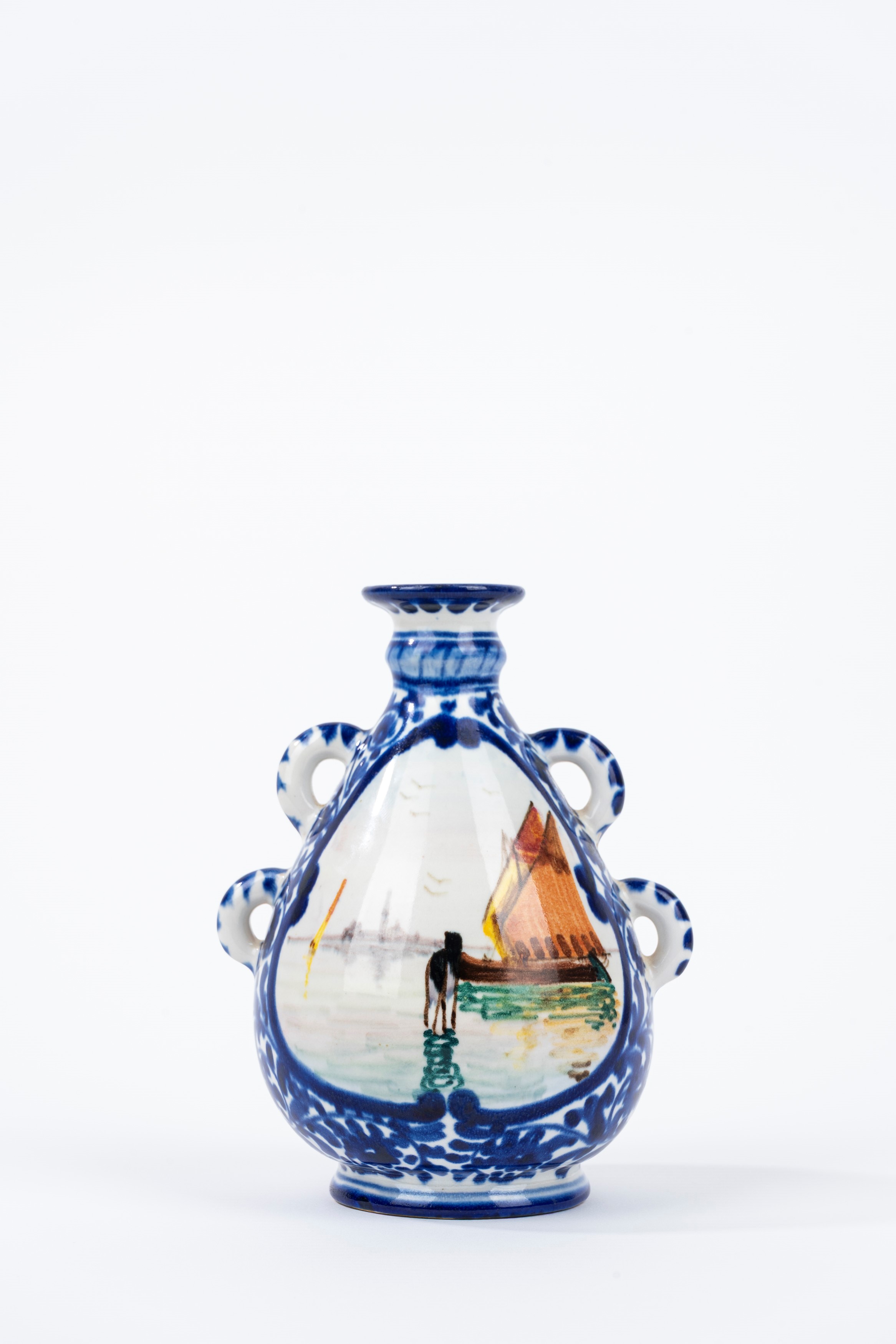 Piccola Fiasca in Ceramica Policroma con Vedute di Venezia, Manifattura di Murano, Prima Metà del...