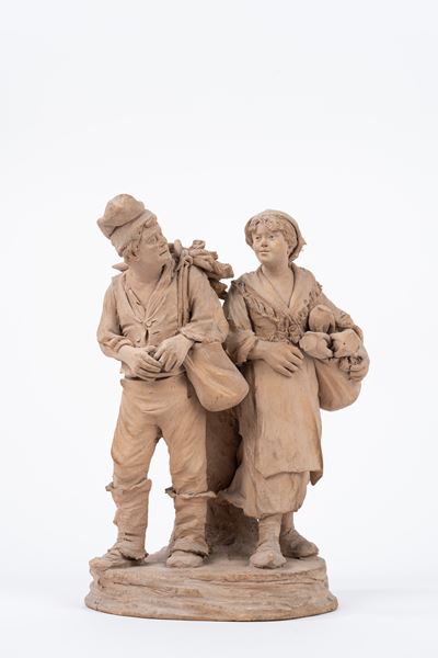 Gruppo Scultoreo in Terracotta Raffigurante Due Contadini, Giacomo Vaccaro Caltagirone, Fine Seco...