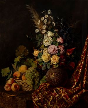 Natura morta con fiori, cesta di frutta e drappo