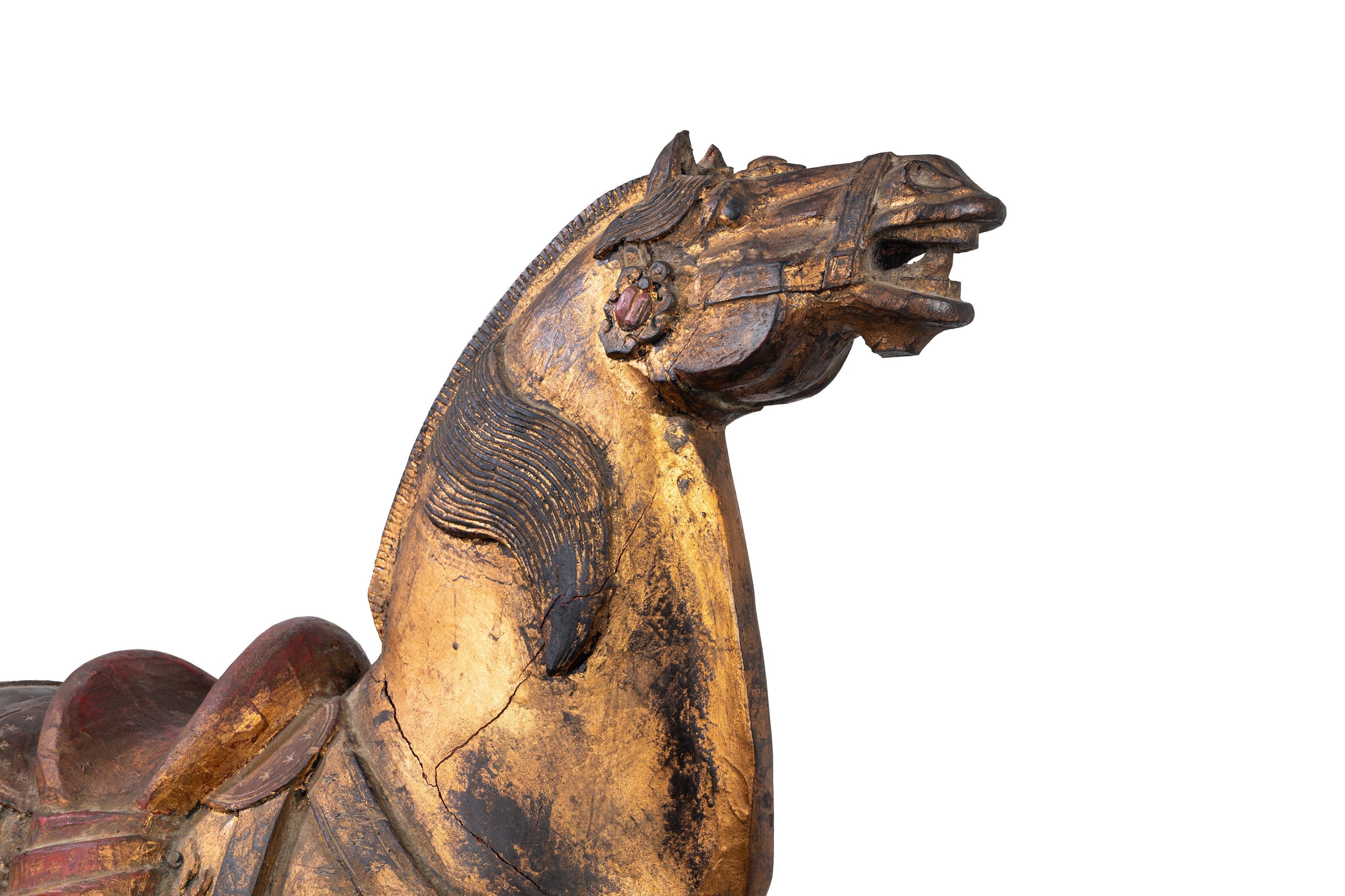 Coppia di Cavalli in Legno Laccato Rosso e Oro, Cina, Fine Secolo XIX - Inizi Secolo XX
