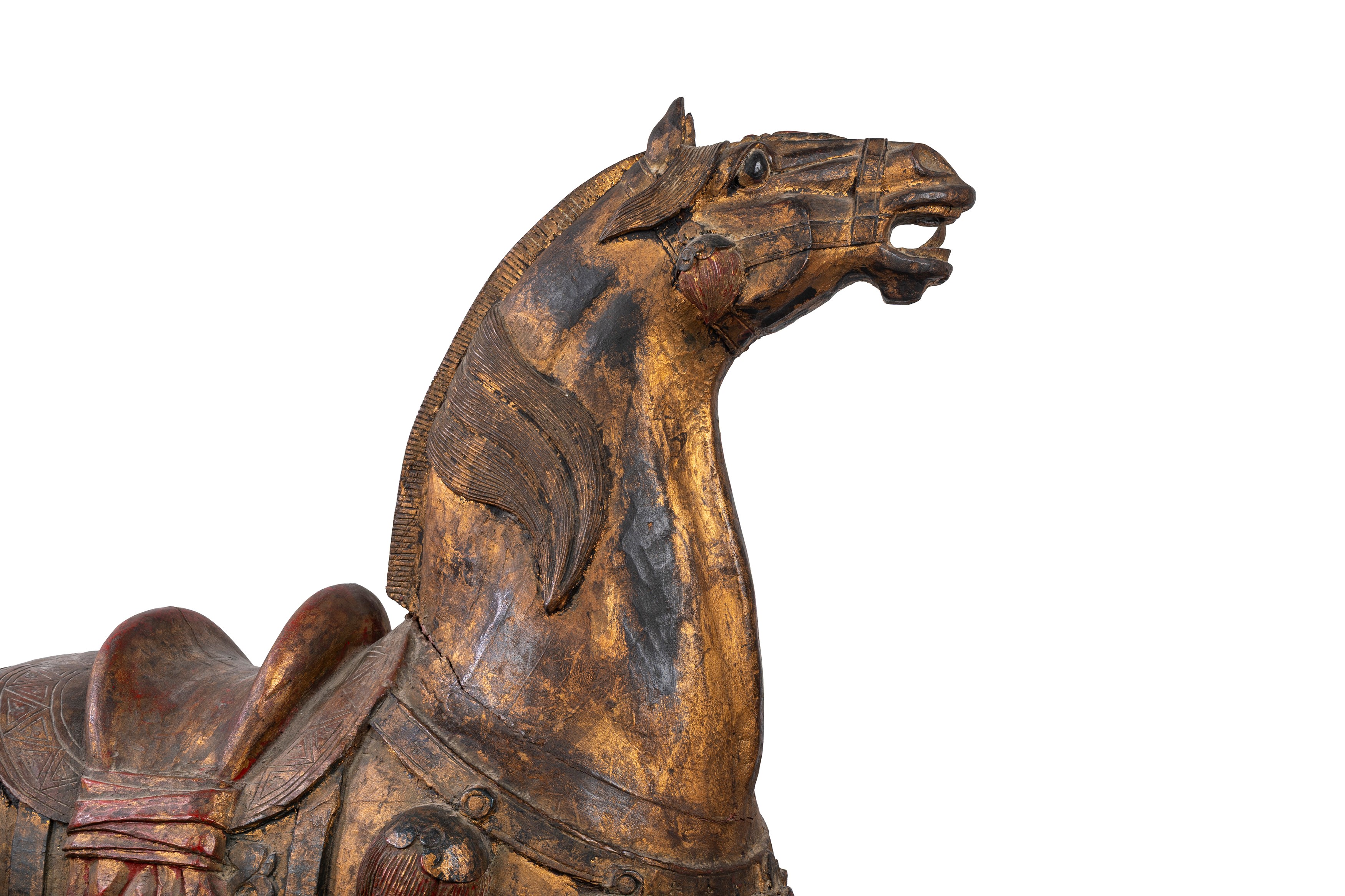 Coppia di Cavalli in Legno Laccato Rosso e Oro, Cina, Fine Secolo XIX - Inizi Secolo XX