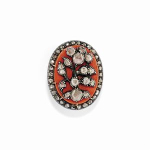 A silver, 18K yellow gold, coral and diamond brooch, 19th Century