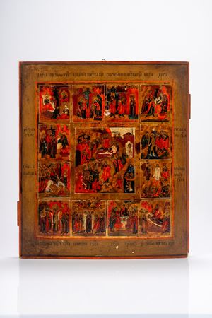 Icona su tavola raffigurante le Dodici Grandi Feste. Russia, fine XIX secolo