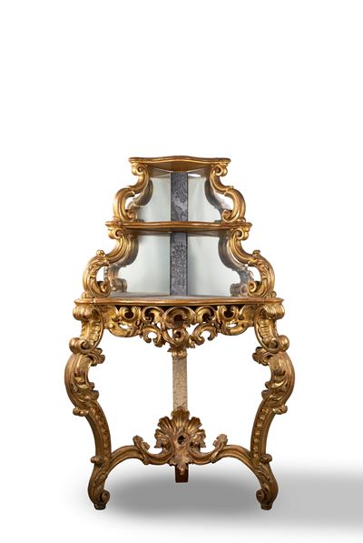 Etagère Angolare in Legno Intagliato e Dorato, in Stile Luigi XV, Secolo XIX