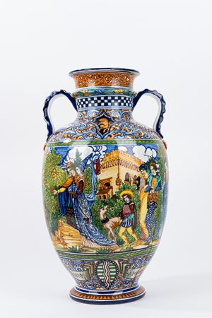 Vaso istoriato in maiolica policroma
