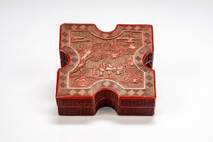 Cinnabar red lacquer square box, decorated with a sage and students in a garden, China, early 20th century