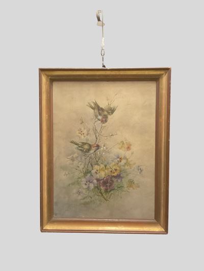 Fiori e passeri, acquerello su carta