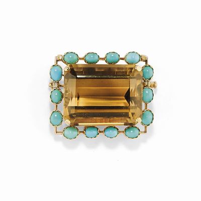 Pendente spilla in oro giallo 18K con quarzo e turchesi