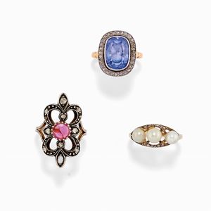 Three silver, low-carat gold, 18K yellow gold, pearl, sapphire, ruby and diamond rings
