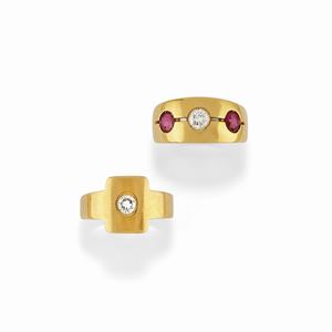 Two 18K yellow gold, ruby and diamond rings