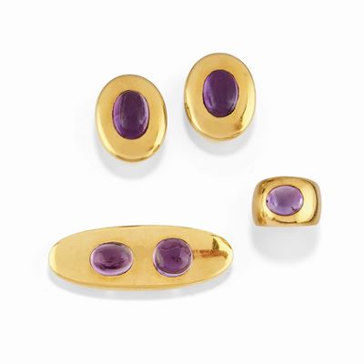 Demi parure in oro giallo 18K con ametiste - Composta da anello, orecchini e spilla