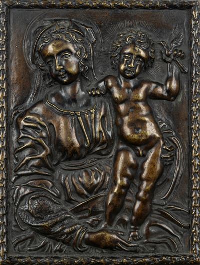 Formella in Bronzo con Bassorilievo Raffigurante Madonna con Bambino