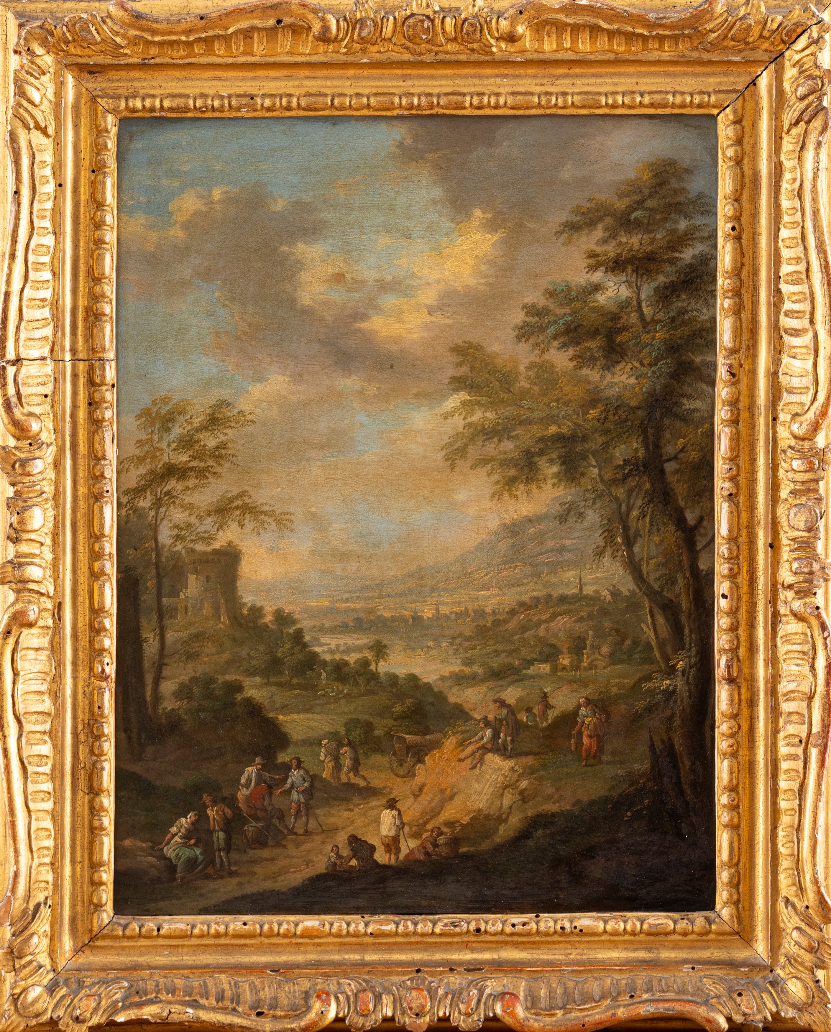 Artista Fiammingo Attivo in Italia, Secolo XVIII - Paesaggio con viandanti in sosta, olio su rame