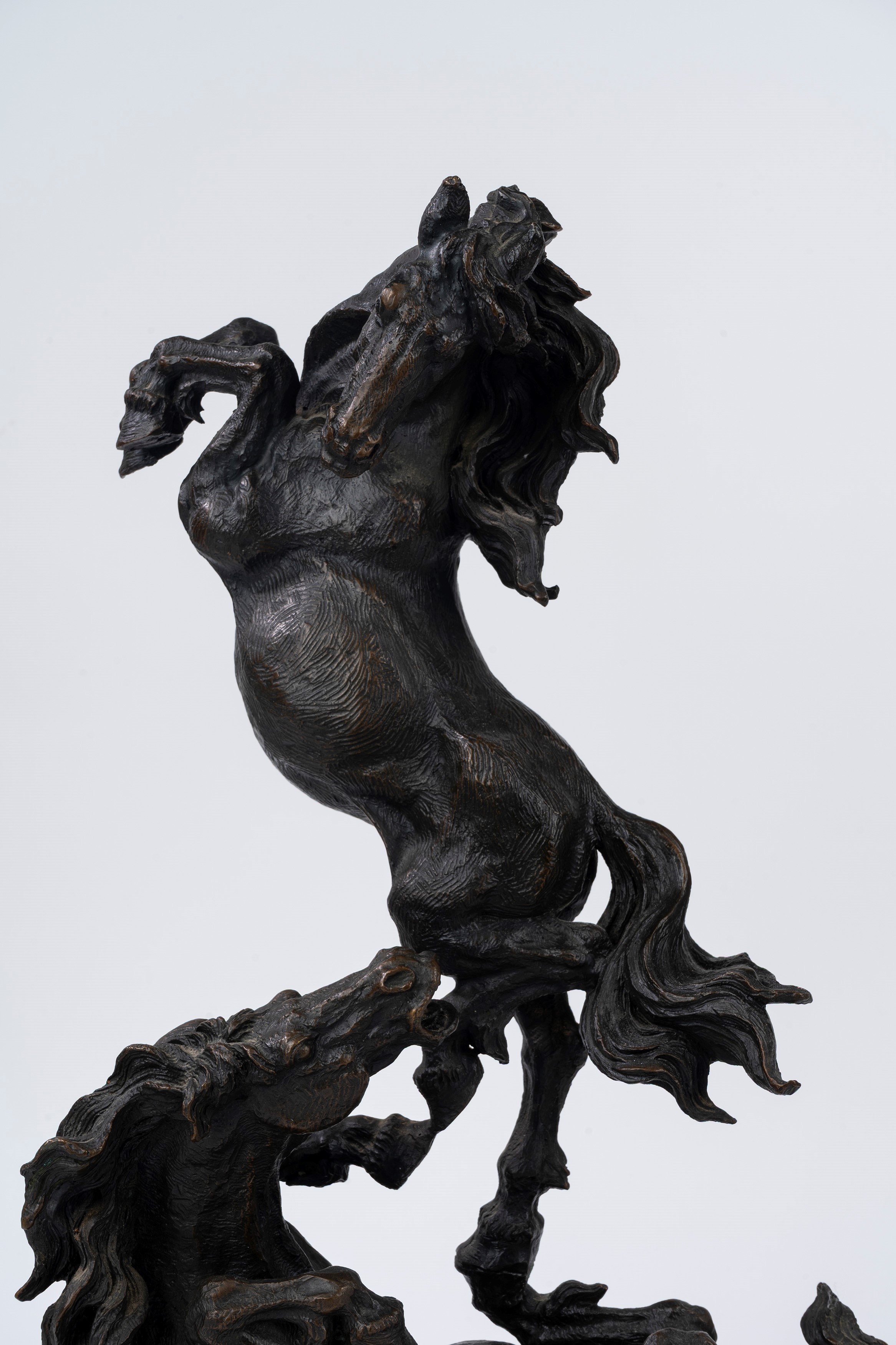 Scultura in bronzo a patina scura, raffigurante due cavalli che lottano, secolo XX