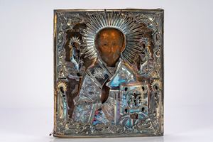 Icona su tavola con riza in argento raffigurante san Nicola tra santi. Russia, XIX secolo
