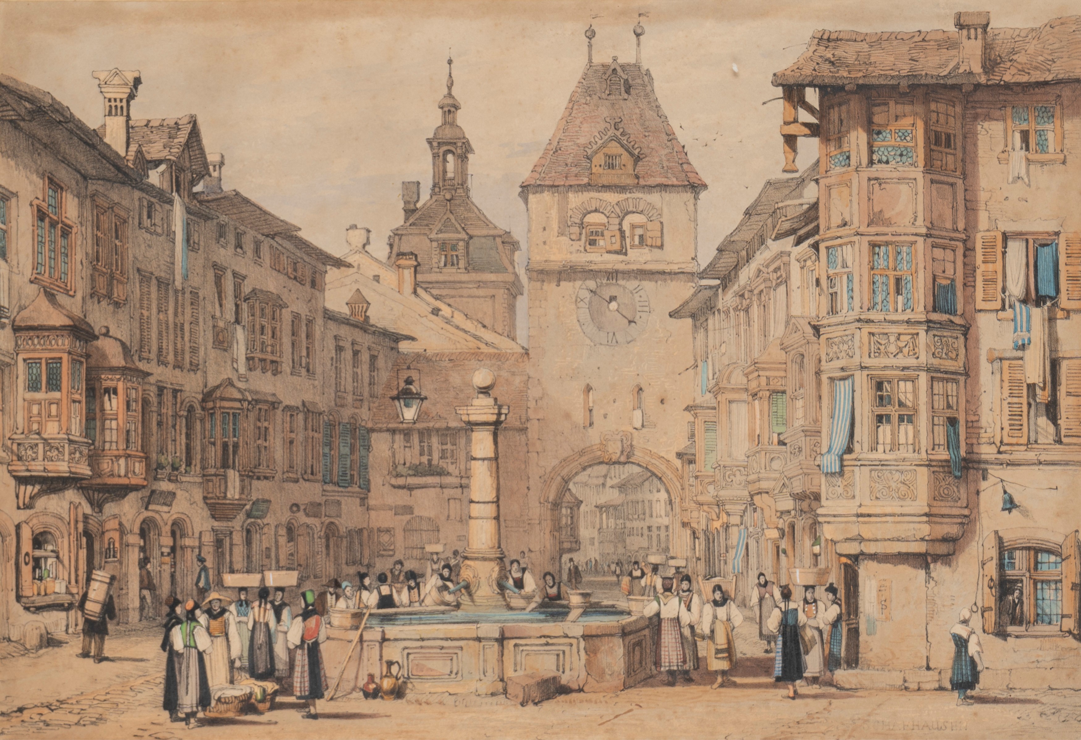 Samuel Prout - Lotto Composto da Quattro Litografie a Colori con Vedute di Città Svizzere