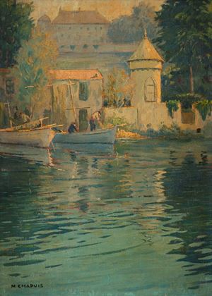 Barche sul fiume presso il castello