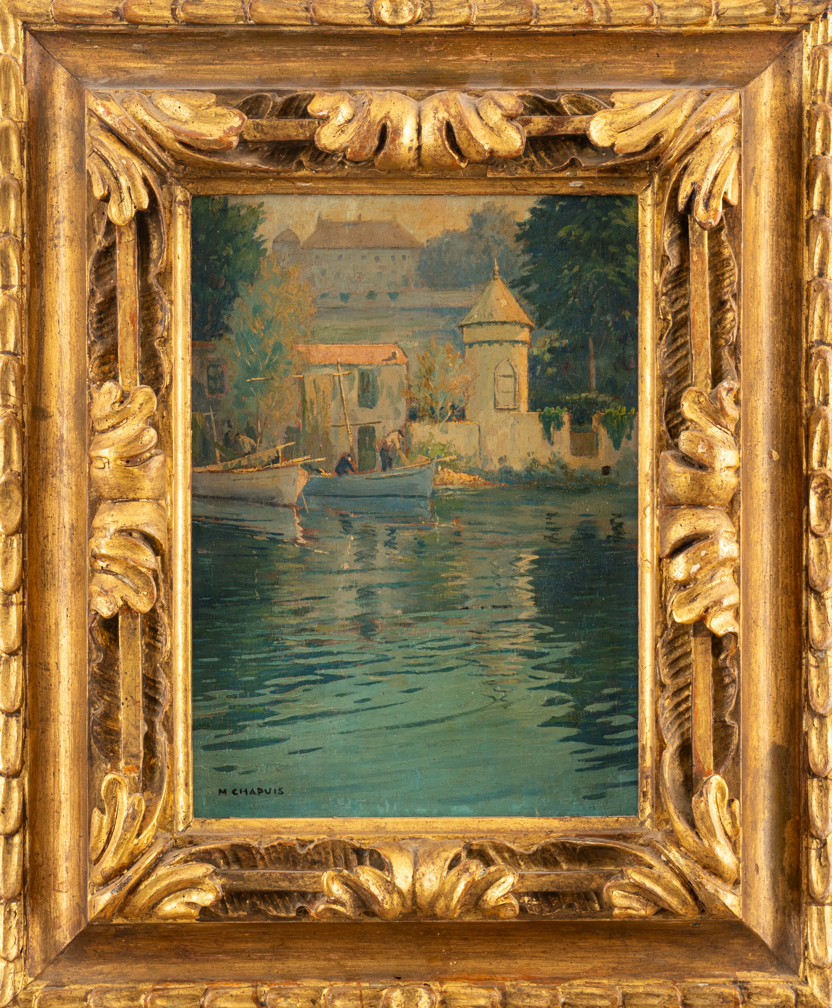 M. Chapuis (scuola Francese del XX Secolo) - Barche sul Fiume Presso il Castello