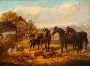 Horses, ducks and pigs in the farmyard