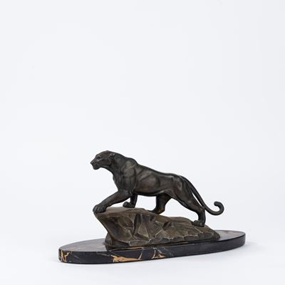 Scultura in Bronzo su Base in Marmo Nero Raffigurante Pantera, Anni '20 - '30 del XX Secolo