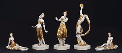 Lotto Composto da Cinque Sculture in Porcellana di Capodimonte Bianca e Oro, Raffiguranti Balleri...