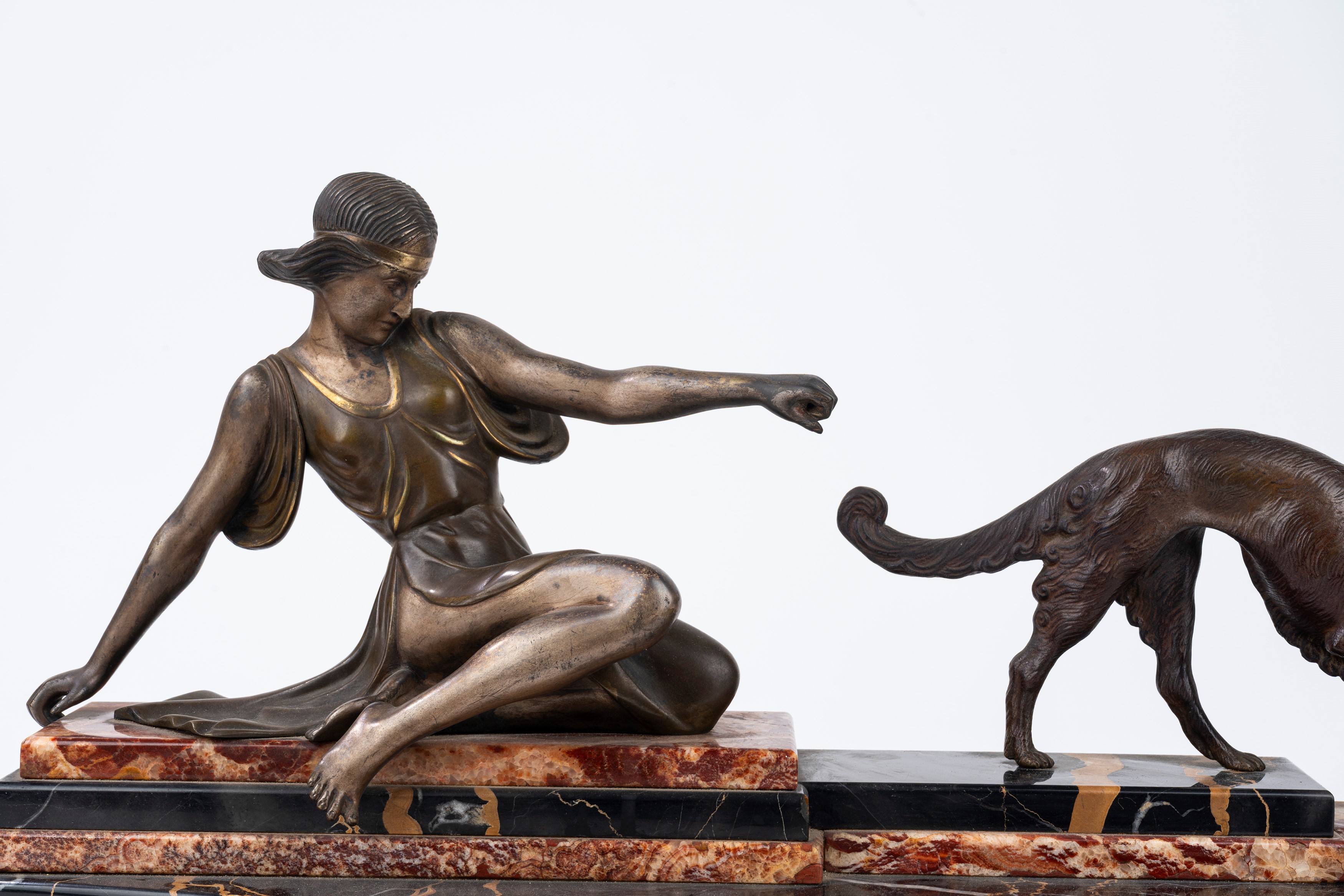 Scultura in Bronzo su Base in Marmo Policromo Raffigurante Diana e Levriero, Anni '20-'30 del XX ...