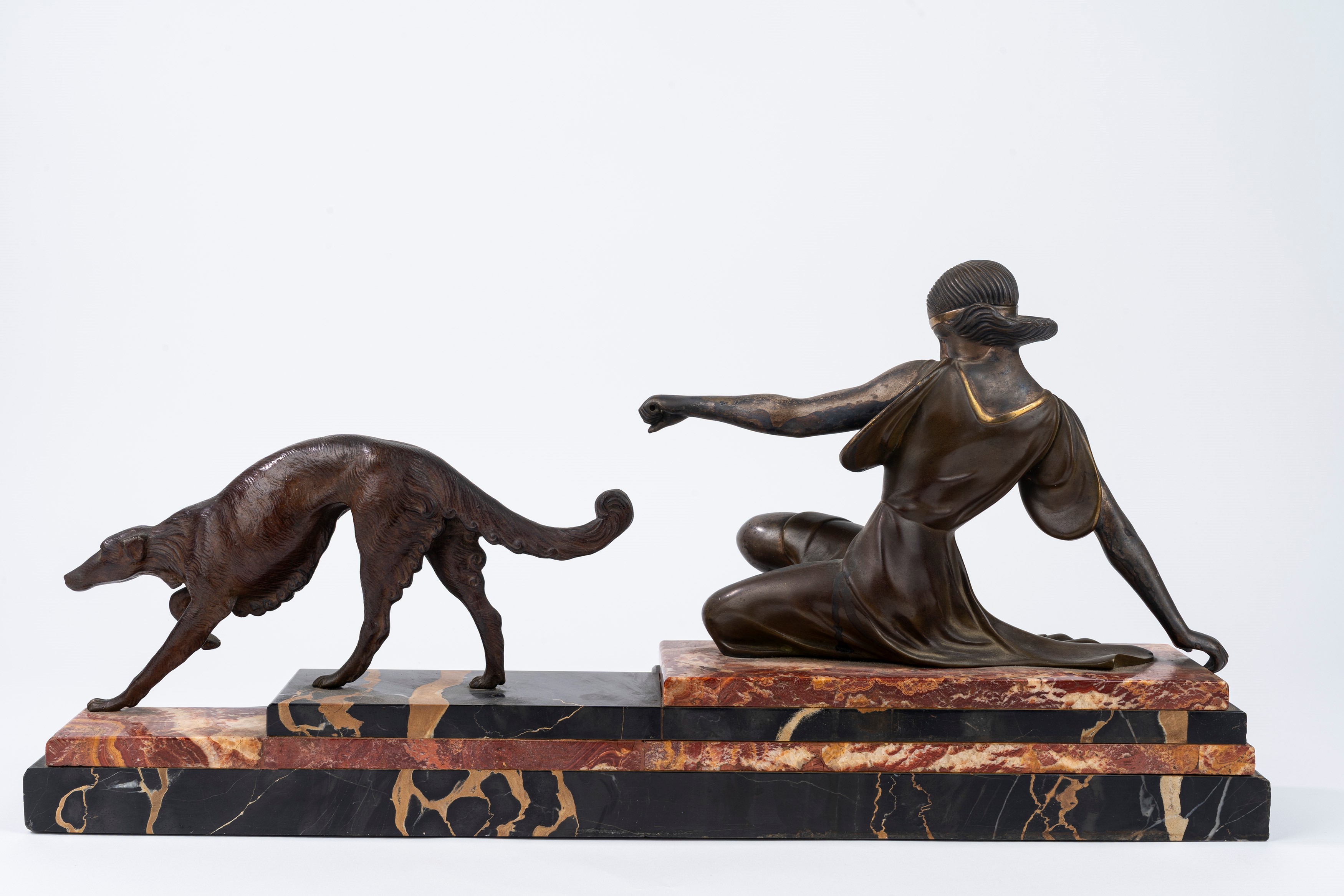 Scultura in Bronzo su Base in Marmo Policromo Raffigurante Diana e Levriero, Anni '20-'30 del XX ...